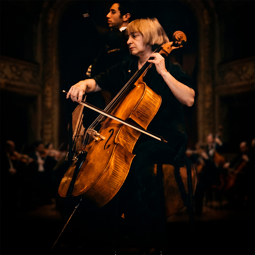 Thelma Jhones tocando violoncelo em apresentação com orquestra